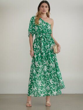 Entro NWT Nina Green One-Shoulder Printed Midi Dress with Slit Sz S